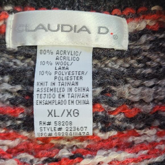 Claudia D oversized gray black red Fair Isle crew neck sweater size XL - Picture 3 of 4